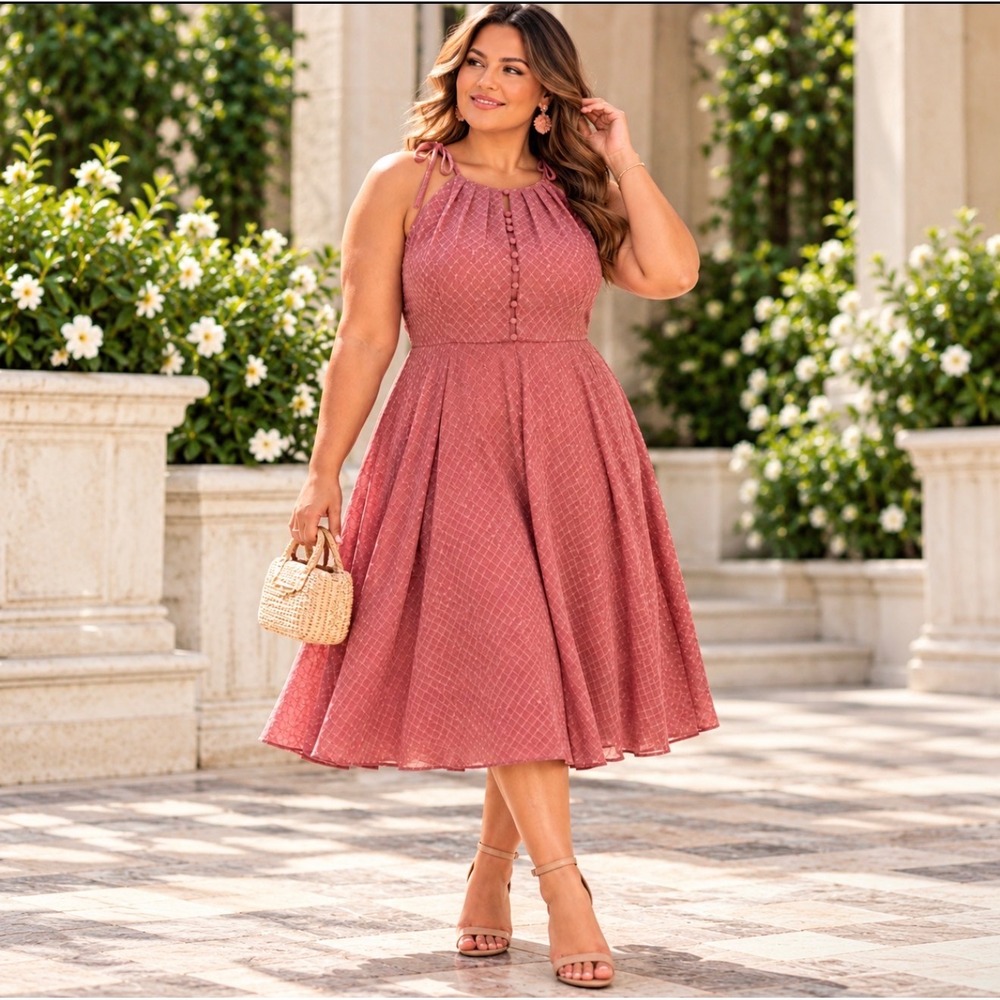 Gal Meets Glam Lenore Mauve Embroidered Chiffon Halter Midi Dress Size 16